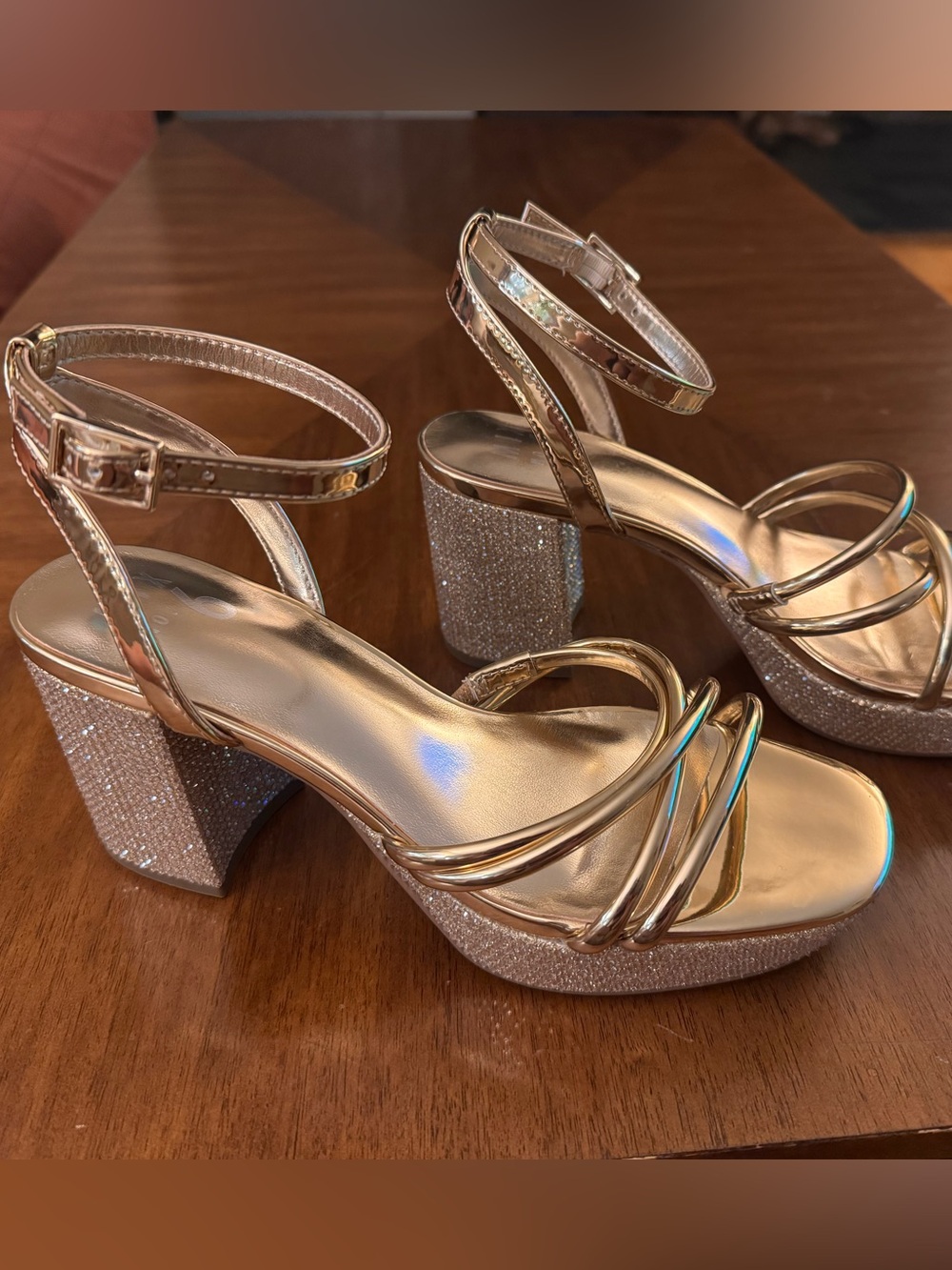 Women's 7 Gold Glitter Block Platform Heel with Ankle Strap.